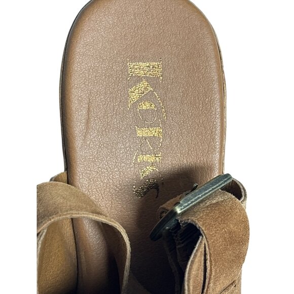 Korks Womens Tan Suede Platform Block Heel Mules With Adjustable Strap - Picture 3 of 10